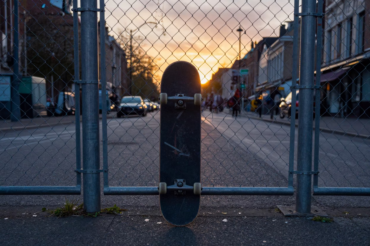 Evening Street Scene in Brussels Belgium with Skateboard and Substation Fence at Sunset in in Brussels, Belgium