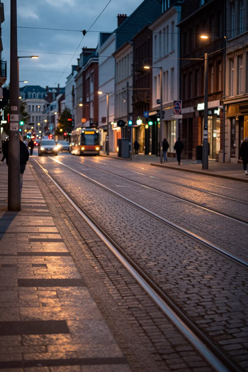 Evening Street Scene in Brussels Belgium with Tram Rails and Urban Details in in Brussels, Belgium