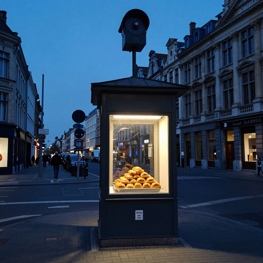 Evening Street Scene in Brussels Belgium with Weather Station and Local Market Items in in Brussels, Belgium