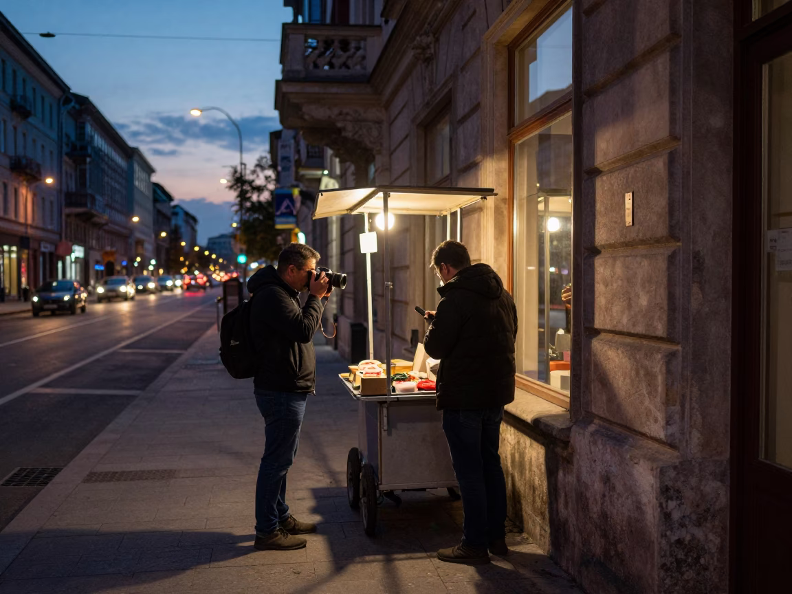 Evening Street Scene in Budapest Hungary with City Lights and Glass Display in in Budapest, Hungary