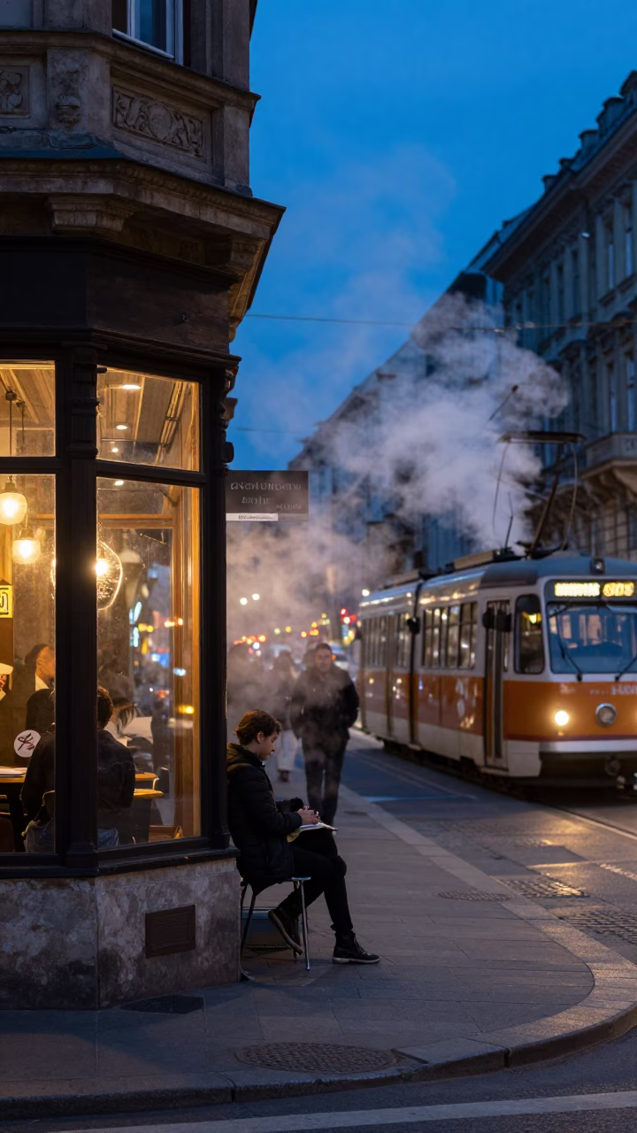 Evening Street Scene in Budapest Hungary with Steam and Urban Details in in Budapest, Hungary