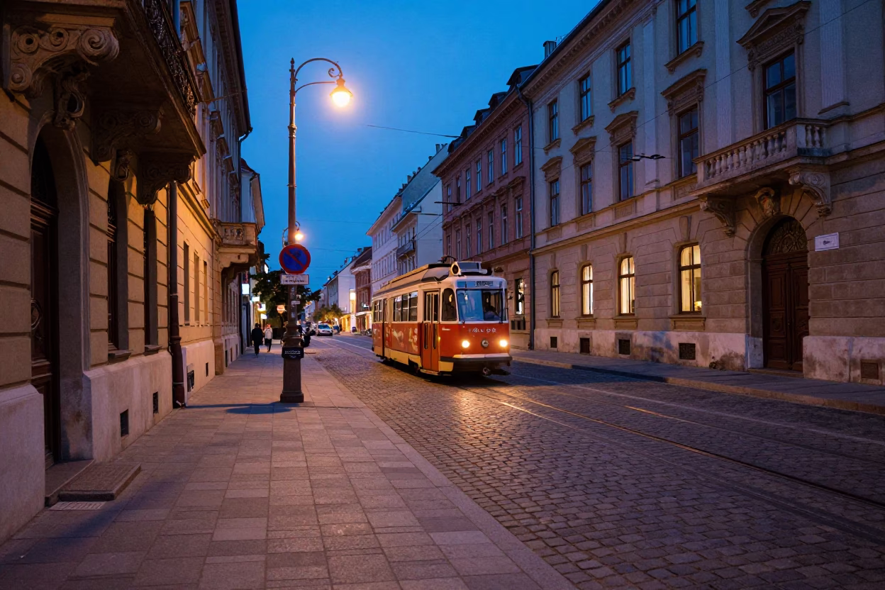 Evening Street Scene in Budapest Hungary with Vintage Details and Local Atmosphere in in Budapest, Hungary