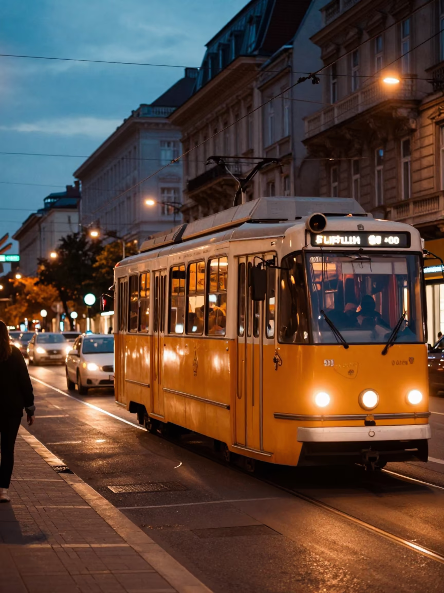 Evening Street Scene in Budapest Hungary with Vintage Traffic and Neon Lights in in Budapest, Hungary