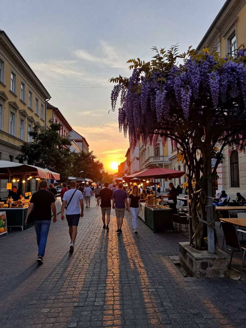 Evening Street Scene in Budapest Hungary with Wisteria and Local Market Activity in in Budapest, Hungary