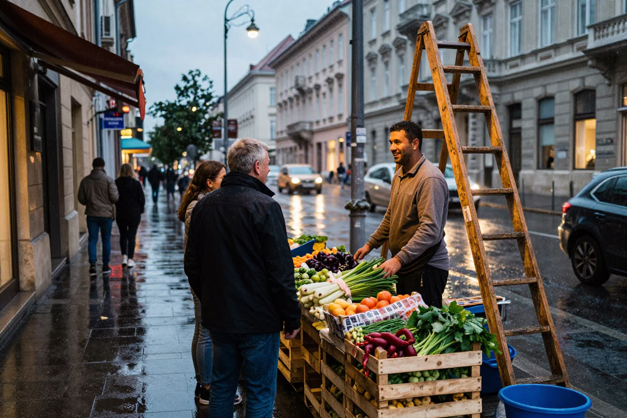 Evening Street Scene in Budapest Hungary with Wooden Ladder and Rain Boots Near Danube in in Budapest, Hungary