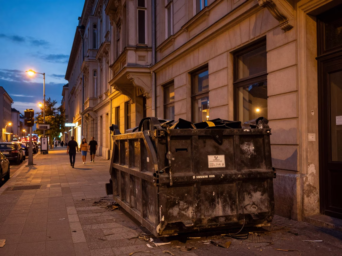 Evening Street Scene in Budapest with Demolition Dumpster and Hand Tools Near Danube in in Budapest, Hungary