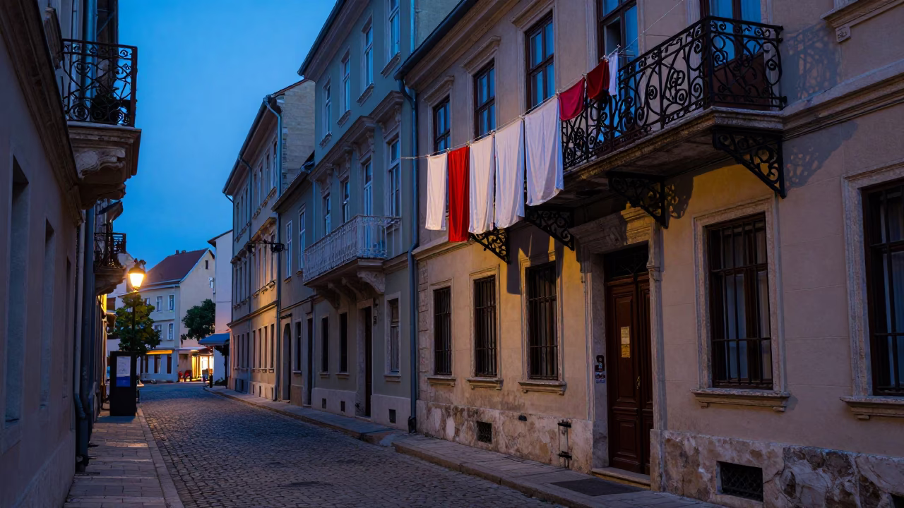 Evening Street Scene in Budapest with Drying Laundry and Vintage Bicycle in in Budapest, Hungary