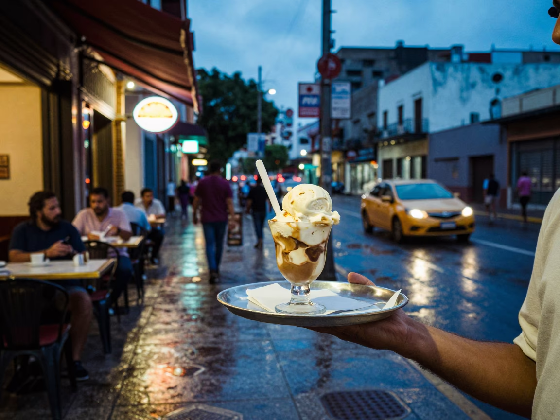 Evening Street Scene in Buenos Aires Argentina with Affogato and Local Life in in Buenos Aires, Argentina
