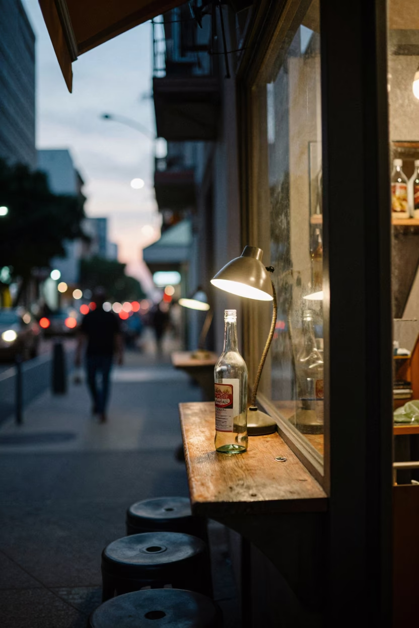 Evening Street Scene in Buenos Aires Argentina with Bottle and Desk Lamp in in Buenos Aires, Argentina