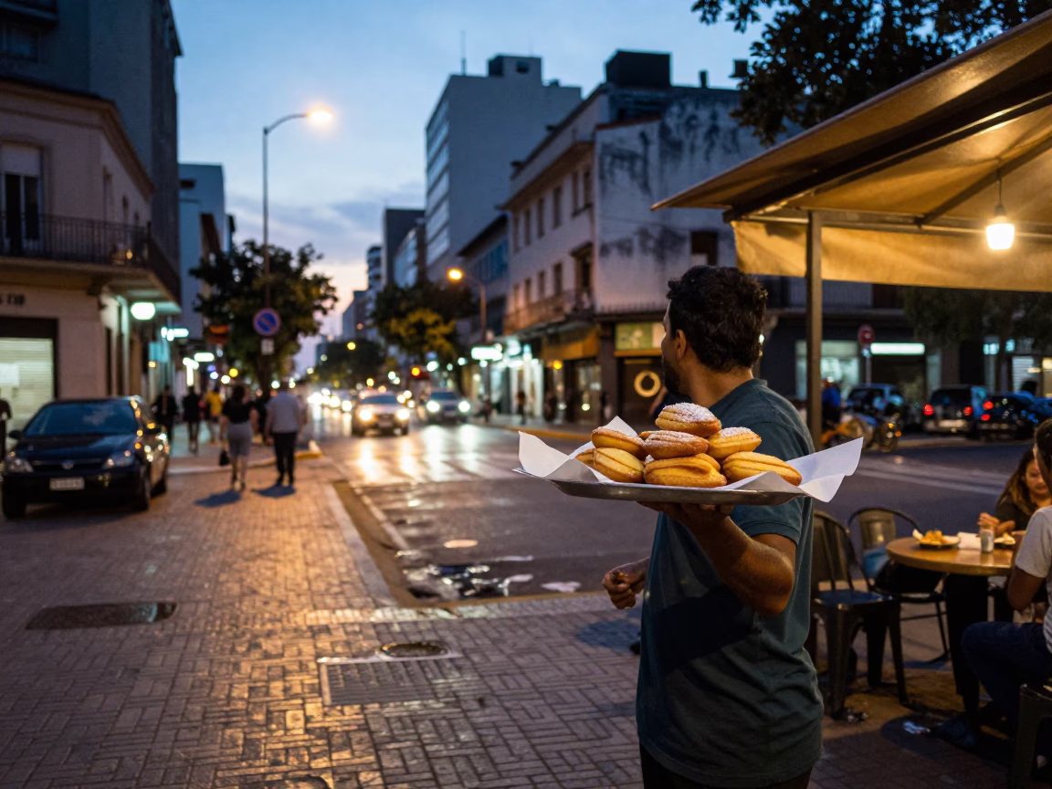 Evening Street Scene in Buenos Aires Argentina with City Lights and Local Life in in Buenos Aires, Argentina