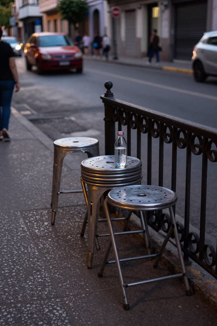 Evening Street Scene in Buenos Aires Argentina with Folding Stools and Water Rings in in Buenos Aires, Argentina