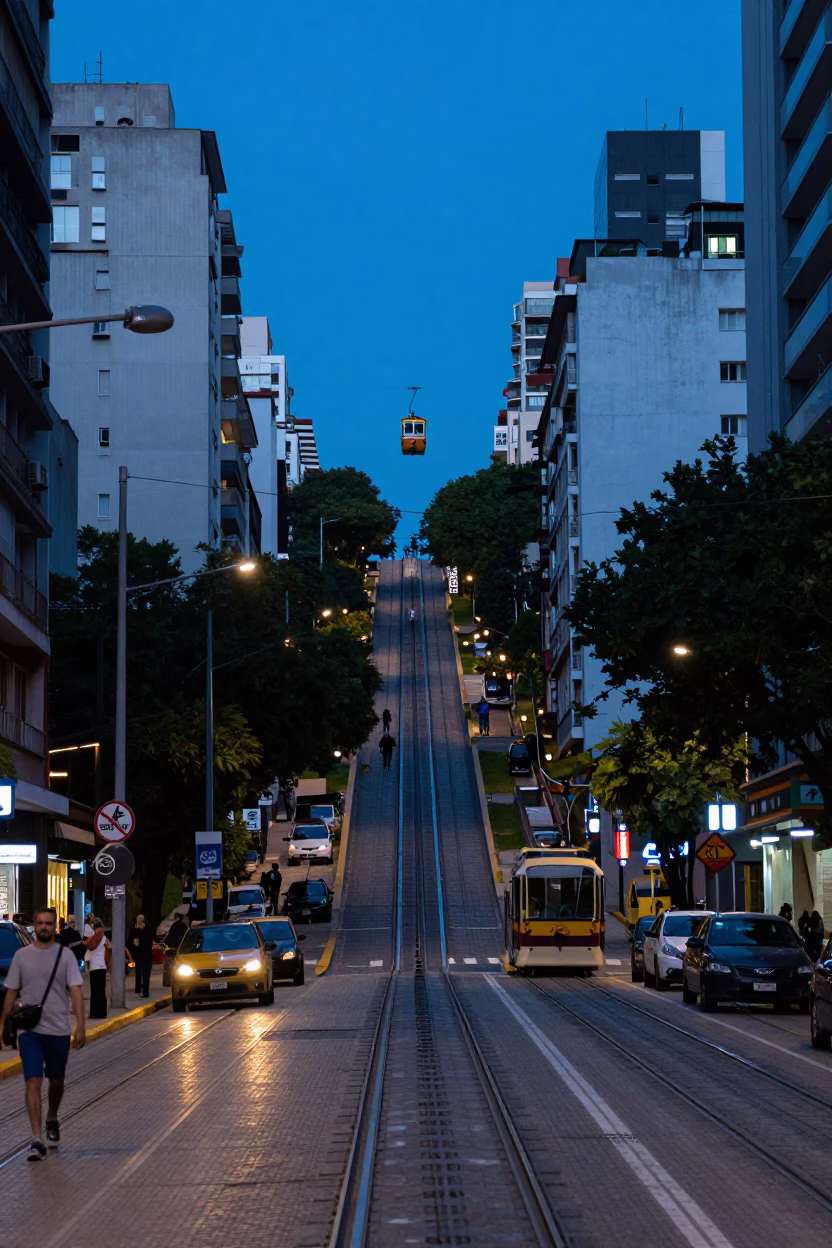 Evening Street Scene in Buenos Aires Argentina with Funicular and Urban Life in in Buenos Aires, Argentina