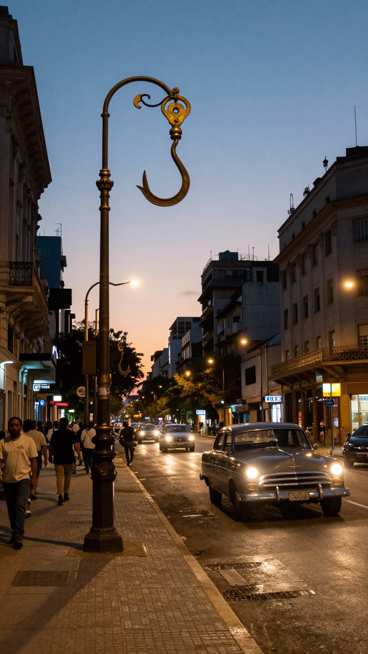 Evening Street Scene in Buenos Aires Argentina with Iron Hook and Brass Details in in Buenos Aires, Argentina