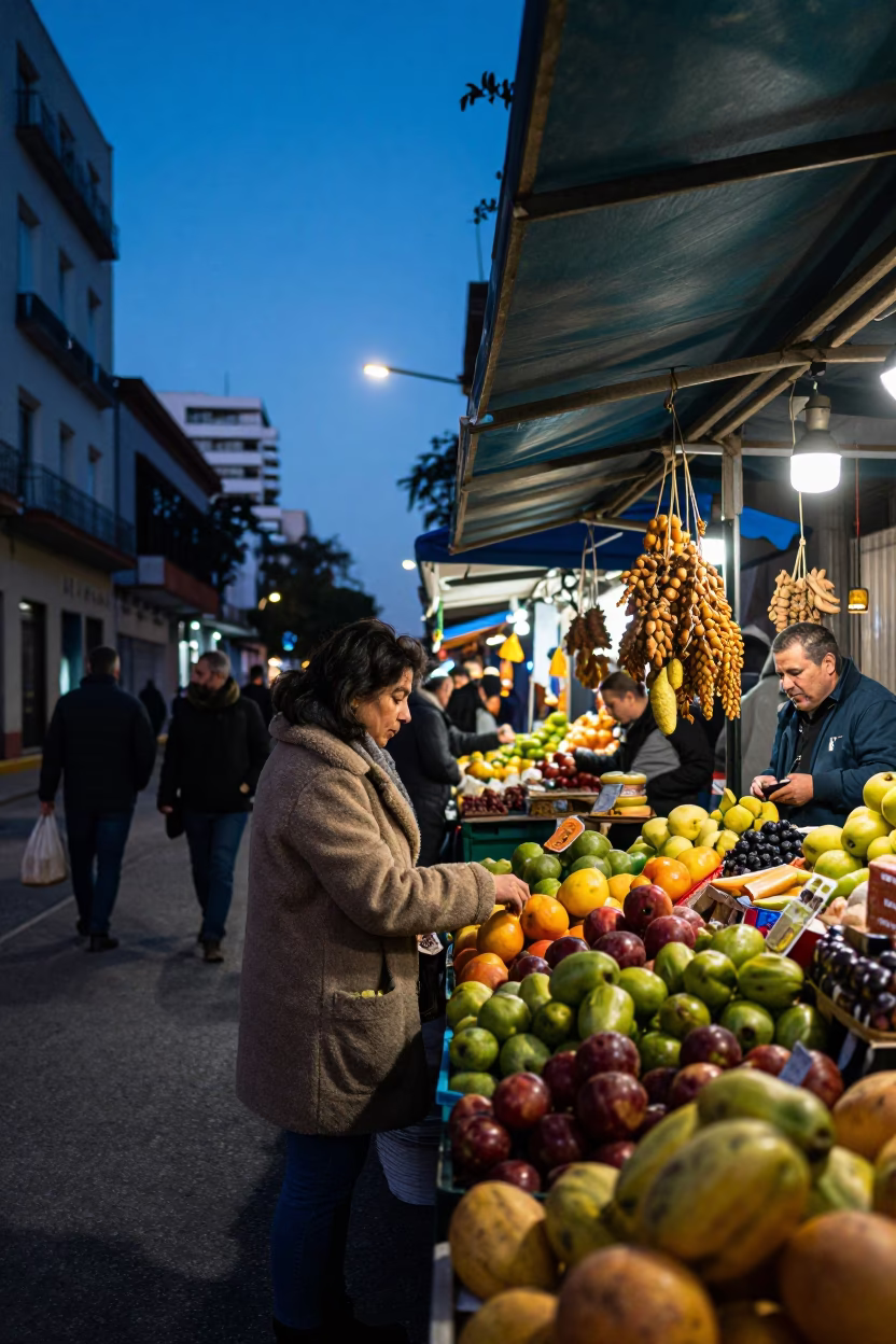 Evening Street Scene in Buenos Aires Argentina with Local Market Details in in Buenos Aires, Argentina