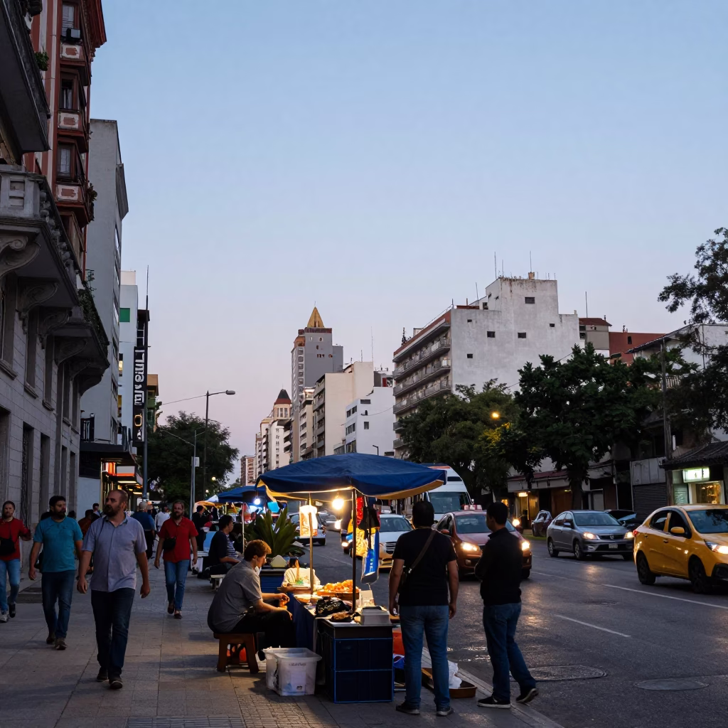 Evening Street Scene in Buenos Aires Argentina with Local Vendors and Pedestrians in in Buenos Aires, Argentina
