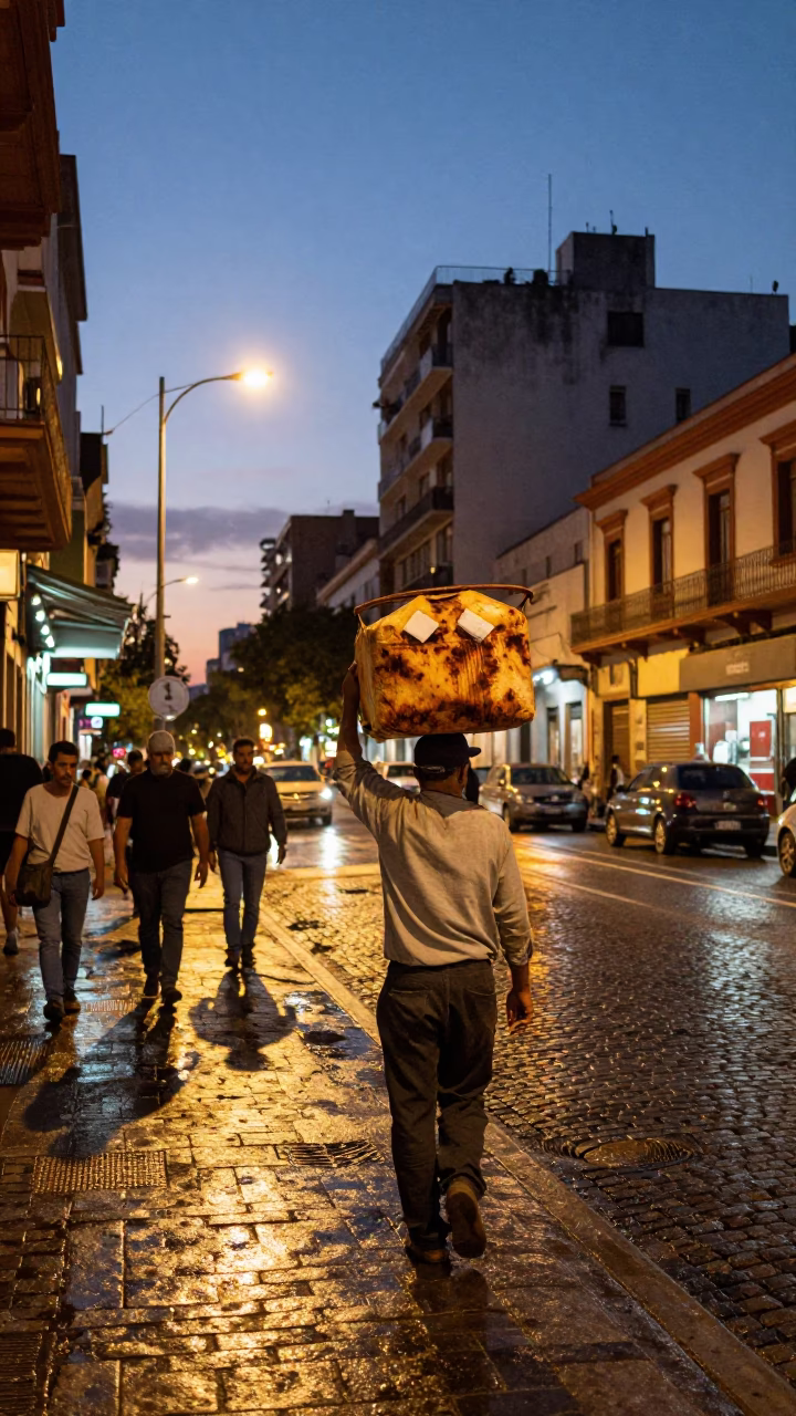 Evening Street Scene in Buenos Aires Argentina with Market Porter and Rusty Urban Details in in Buenos Aires, Argentina