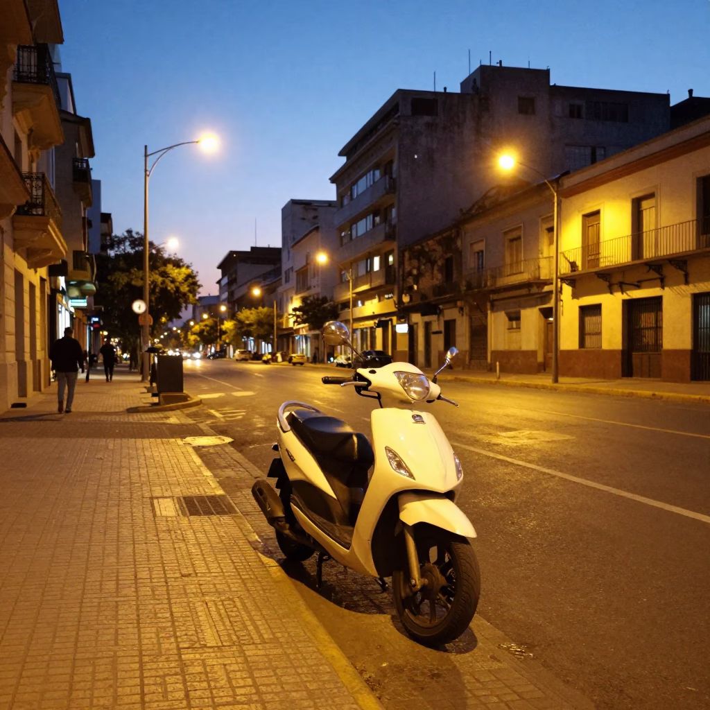 Evening street scene in Buenos Aires Argentina with parked scooter and glowing city lights in in Buenos Aires, Argentina