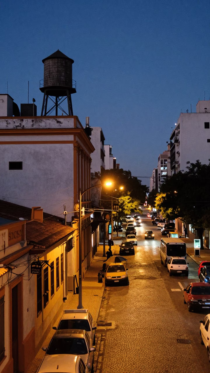 Evening Street Scene in Buenos Aires Argentina with Rooftop Water Tower and Urban Atmosphere in in Buenos Aires, Argentina