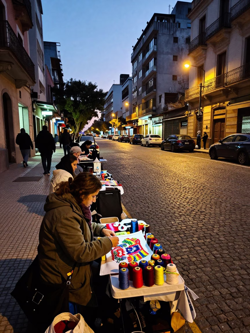 Evening Street Scene in Buenos Aires Argentina with Street Vendors and City Lights in in Buenos Aires, Argentina