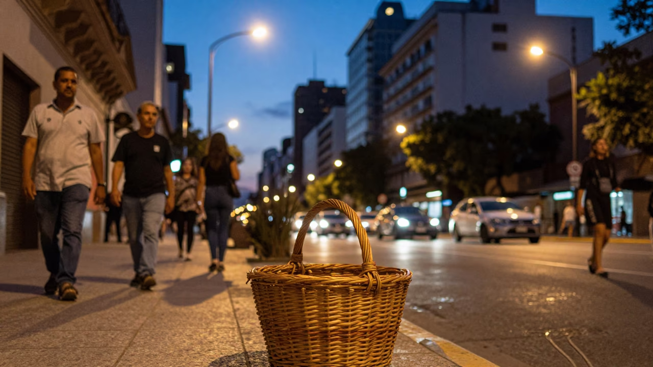 Evening Street Scene in Buenos Aires Argentina with Wicker Basket and City Lights in in Buenos Aires, Argentina