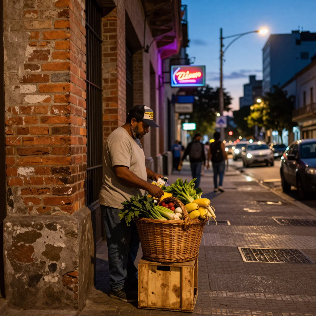Evening Street Scene in Buenos Aires with Wicker Basket and Neon Glow in in Buenos Aires, Argentina