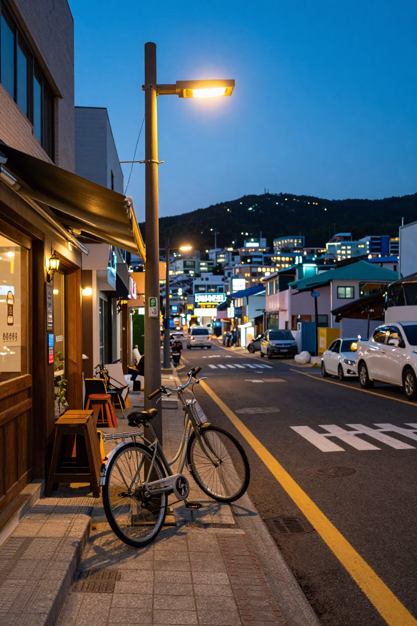 Evening Street Scene in Busan South Korea with Bicycle and City Lights in in Busan, South Korea