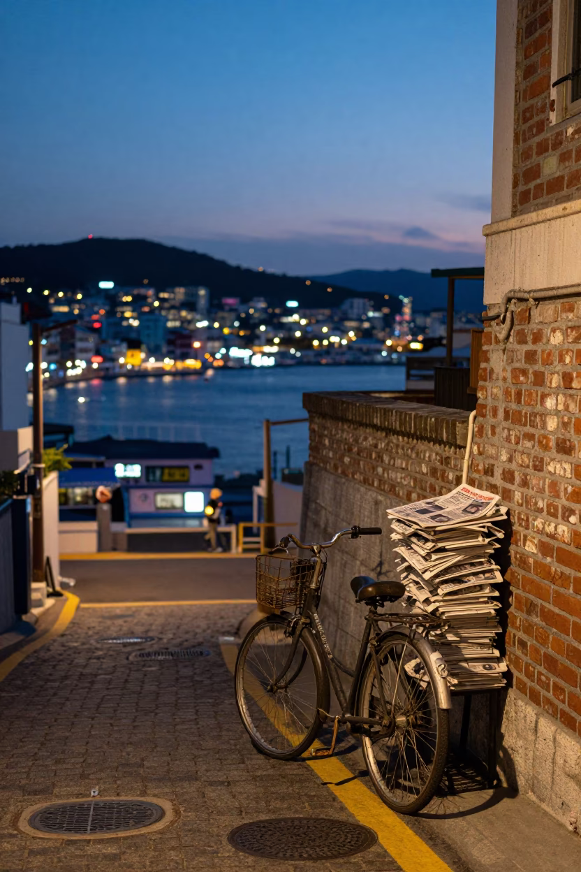 Evening Street Scene in Busan South Korea with Bicycle and Newspaper Stack in in Busan, South Korea