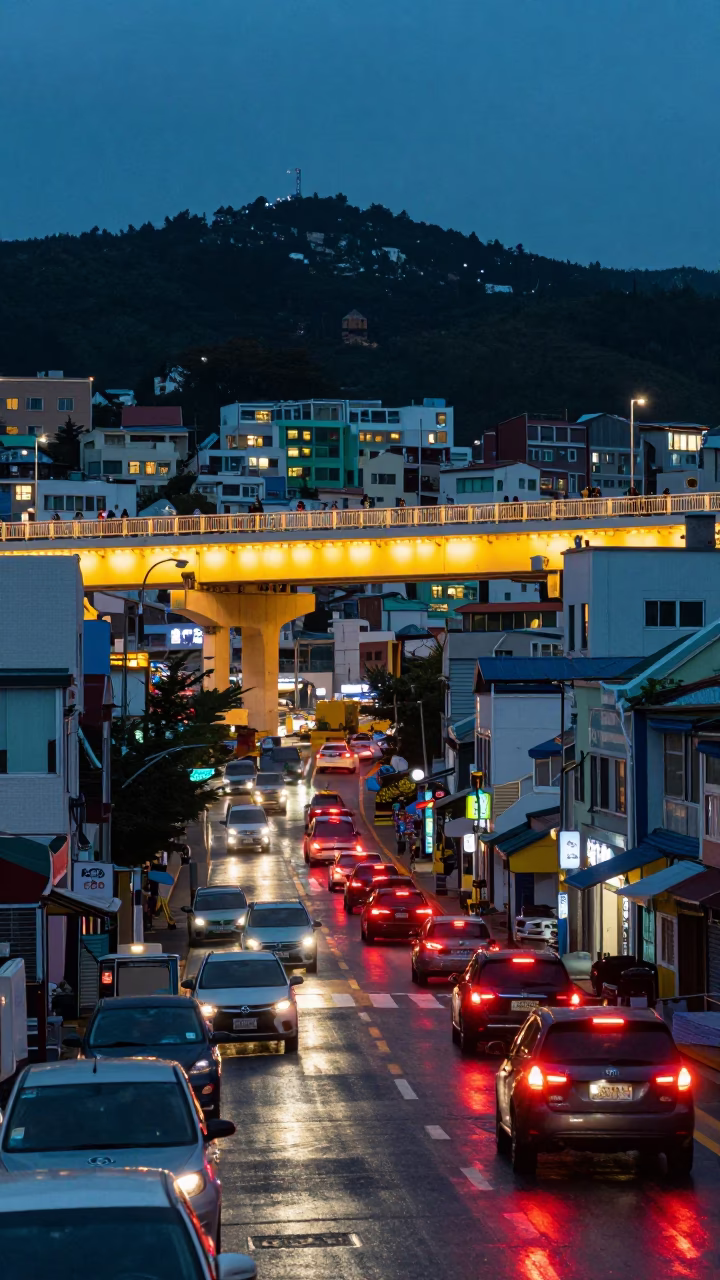 Evening Street Scene in Busan South Korea with Glowing Overpass and Local Dining in in Busan, South Korea