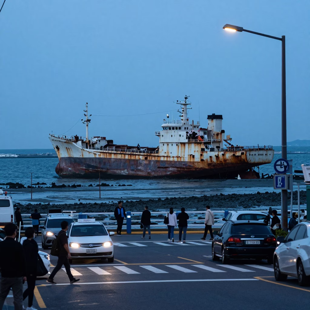 Evening Street Scene in Busan South Korea with Rusting Ship on Tidal Flat in in Busan, South Korea