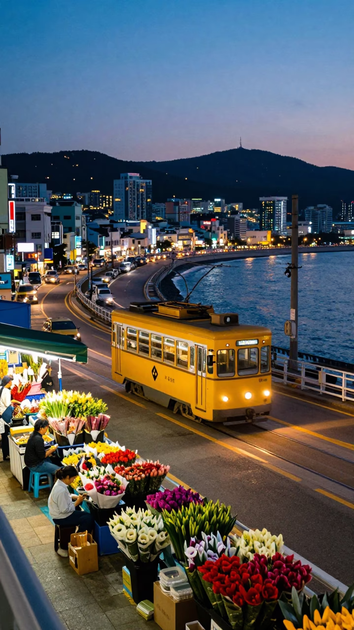 Evening Street Scene in Busan South Korea with Tram and City Lights in in Busan, South Korea
