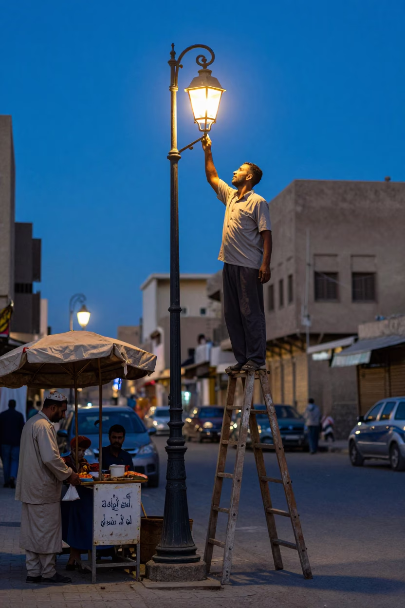Evening Street Scene in Cairo Egypt with Lamplighter and Fig Vendor in in Cairo, Egypt