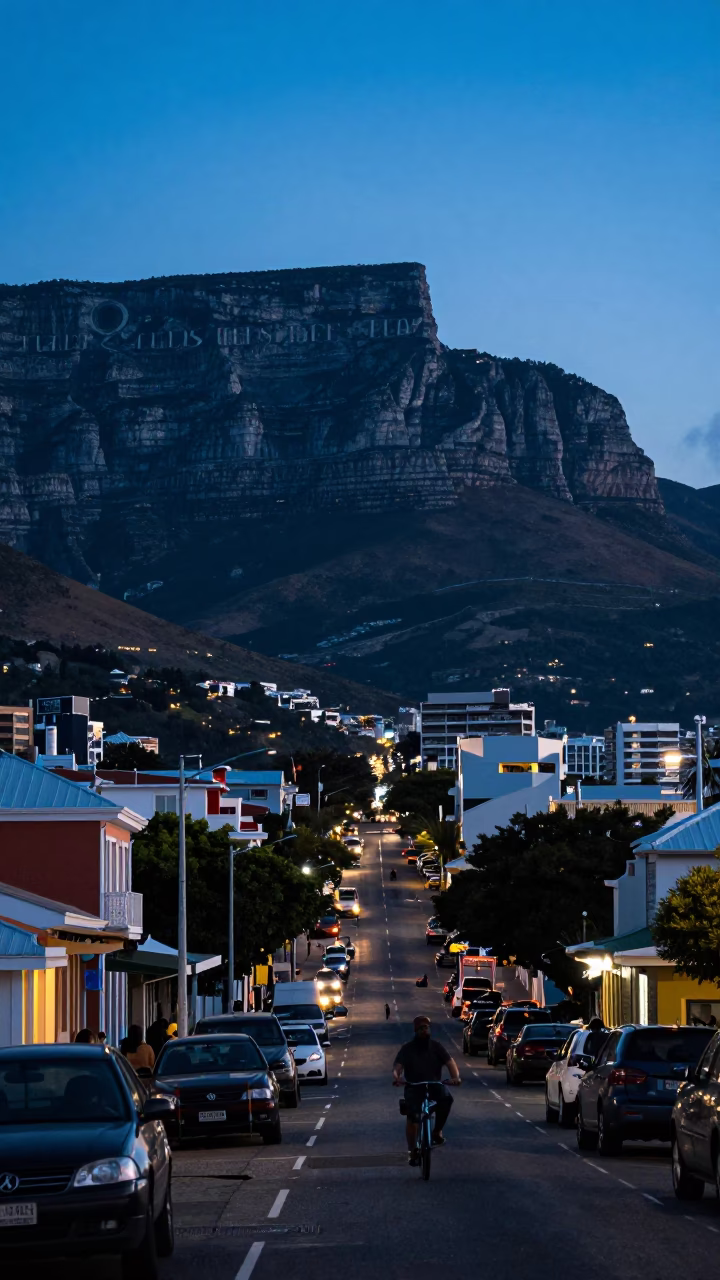 Evening Street Scene in Cape Town with Table Mountain and Local Dining in in Cape Town, South Africa