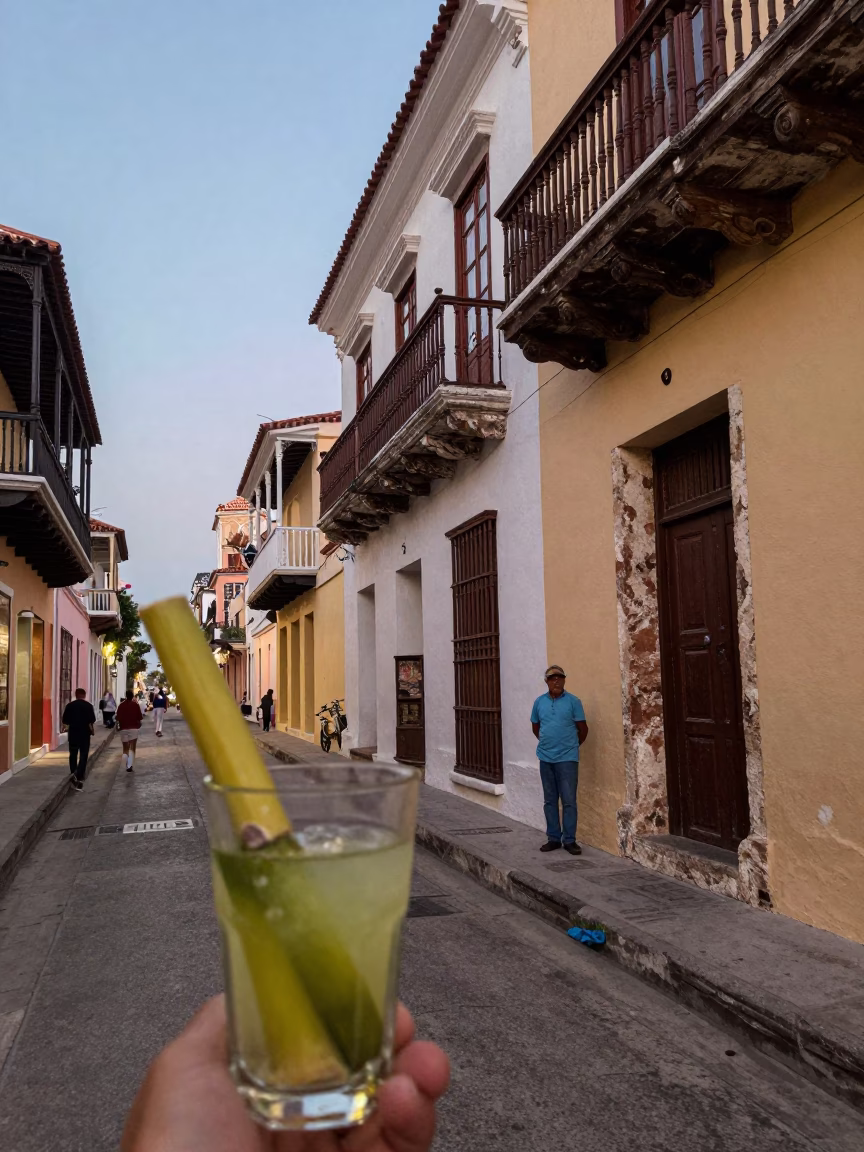 Evening street scene in Cartagena Colombia with glass of fresh sugarcane juice in in Cartagena, Colombia