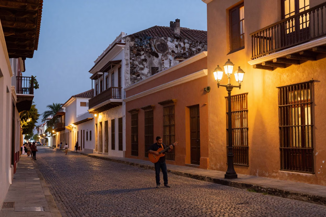 Evening Street Scene in Cartagena Colombia with Guitar Player and Lamps in in Cartagena, Colombia