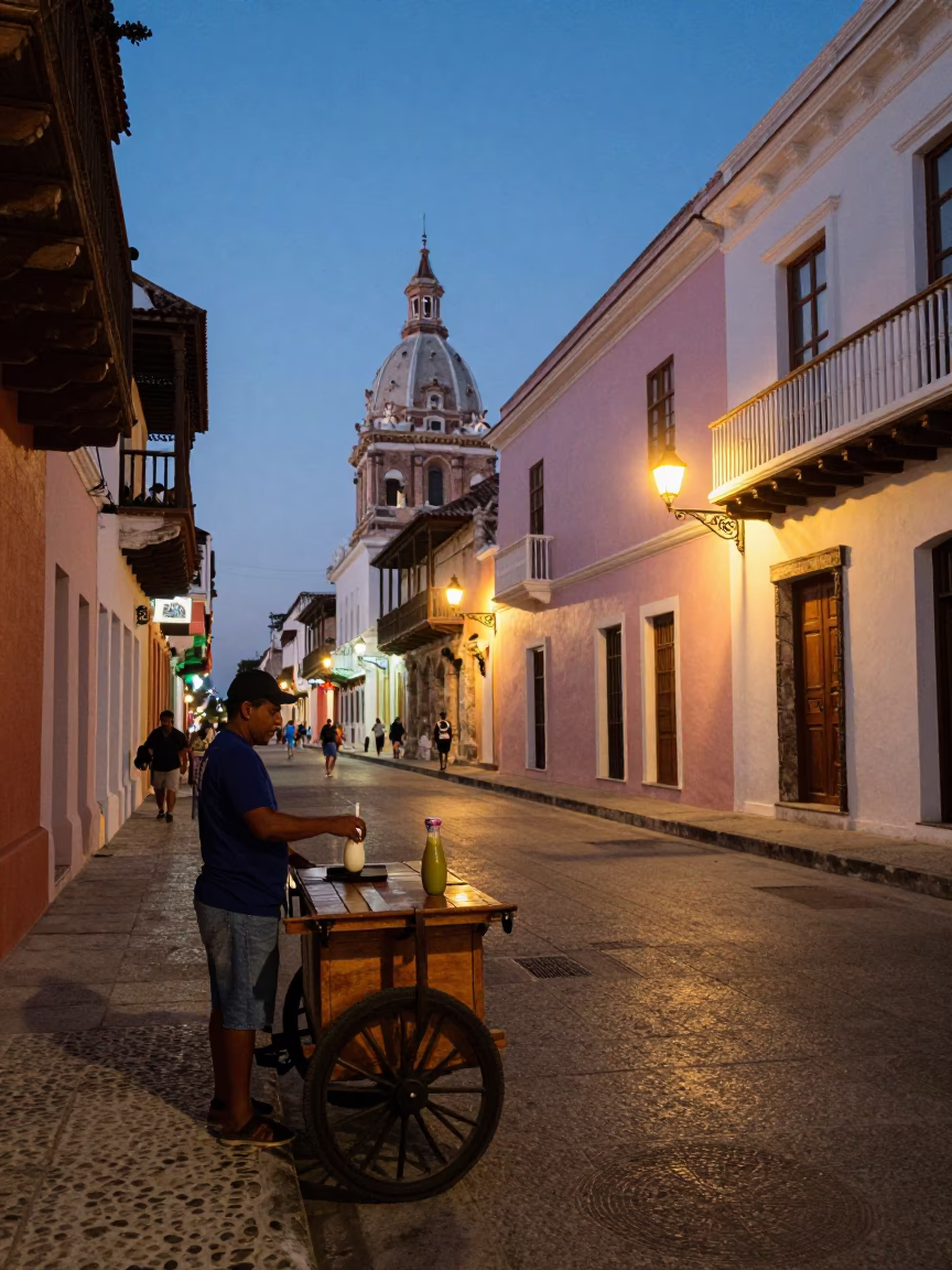 Evening Street Scene in Cartagena Colombia with Horchata Drink and Local Life in in Cartagena, Colombia