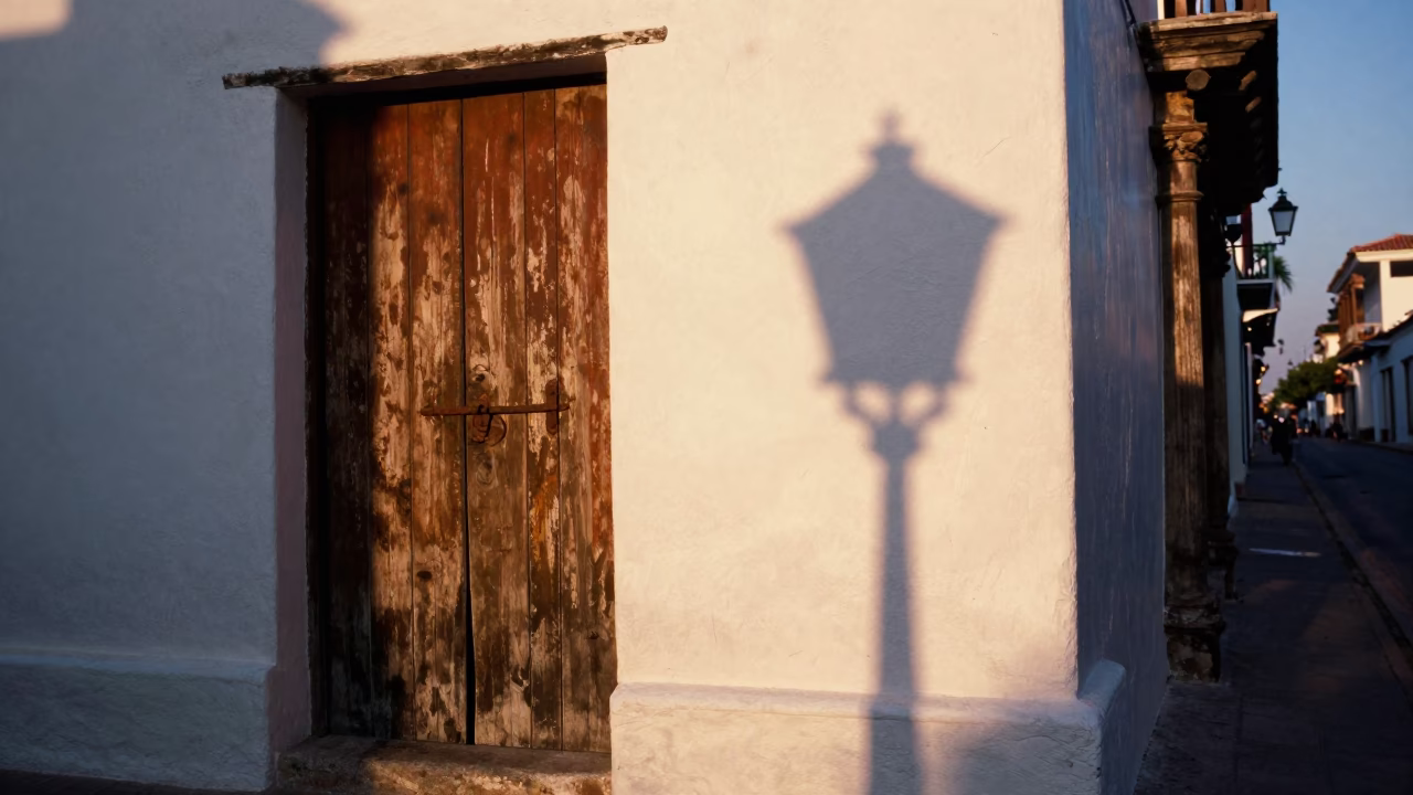 Evening Street Scene in Cartagena Colombia with Latch and Wicker Shadow Details in in Cartagena, Colombia