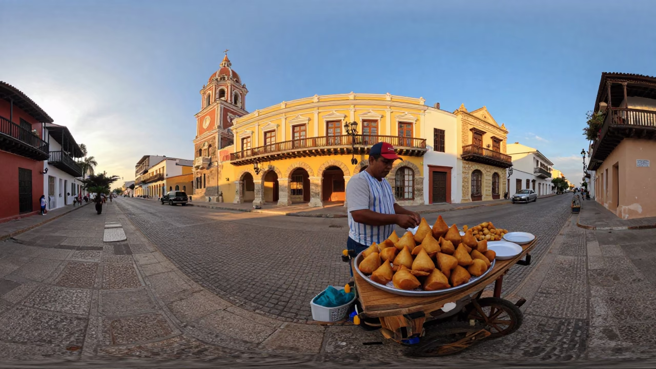 Evening Street Scene in Cartagena Colombia with Local Food and Vintage Objects in in Cartagena, Colombia