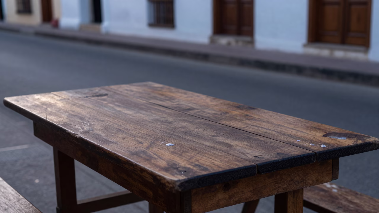 Evening Street Scene in Cartagena Colombia with Weathered Wooden Table and Rosemary Garnish in in Cartagena, Colombia