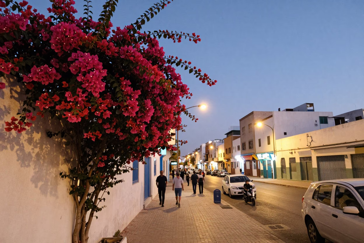 Evening Street Scene in Casablanca Morocco with Bougainvillea and City Lights in in Casablanca, Morocco