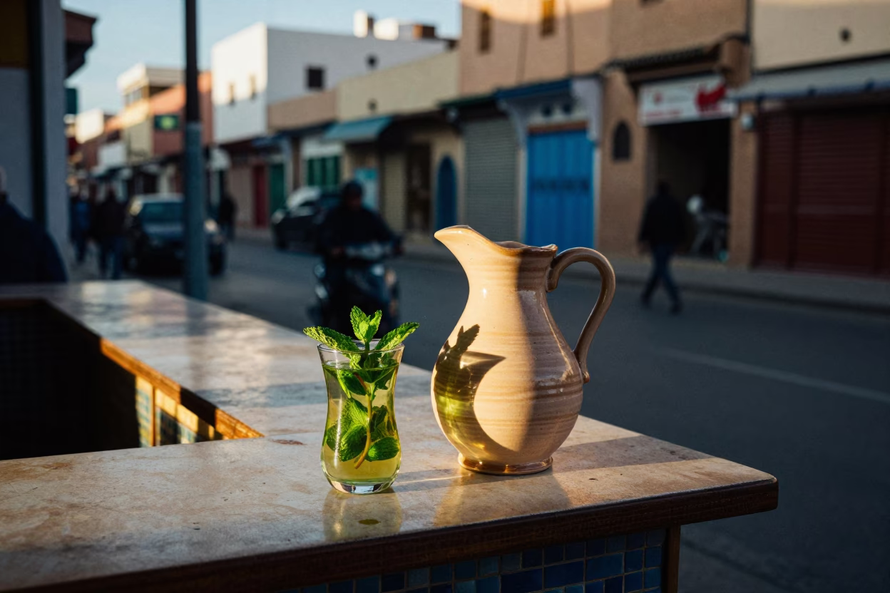 Evening Street Scene in Casablanca Morocco with Ceramic Pitcher and Glass Bottle Neck in in Casablanca, Morocco