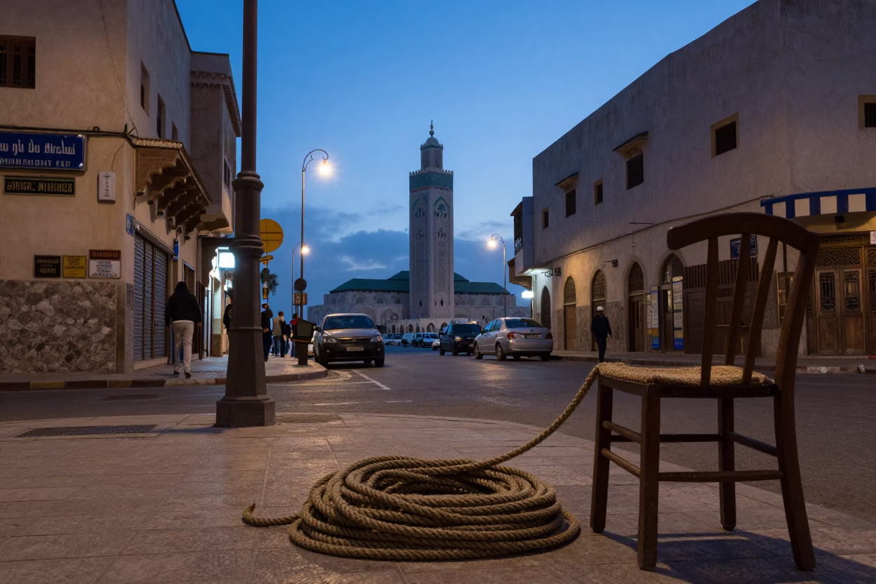 Evening street scene in Casablanca Morocco with coiled rope and chair cushion in in Casablanca, Morocco