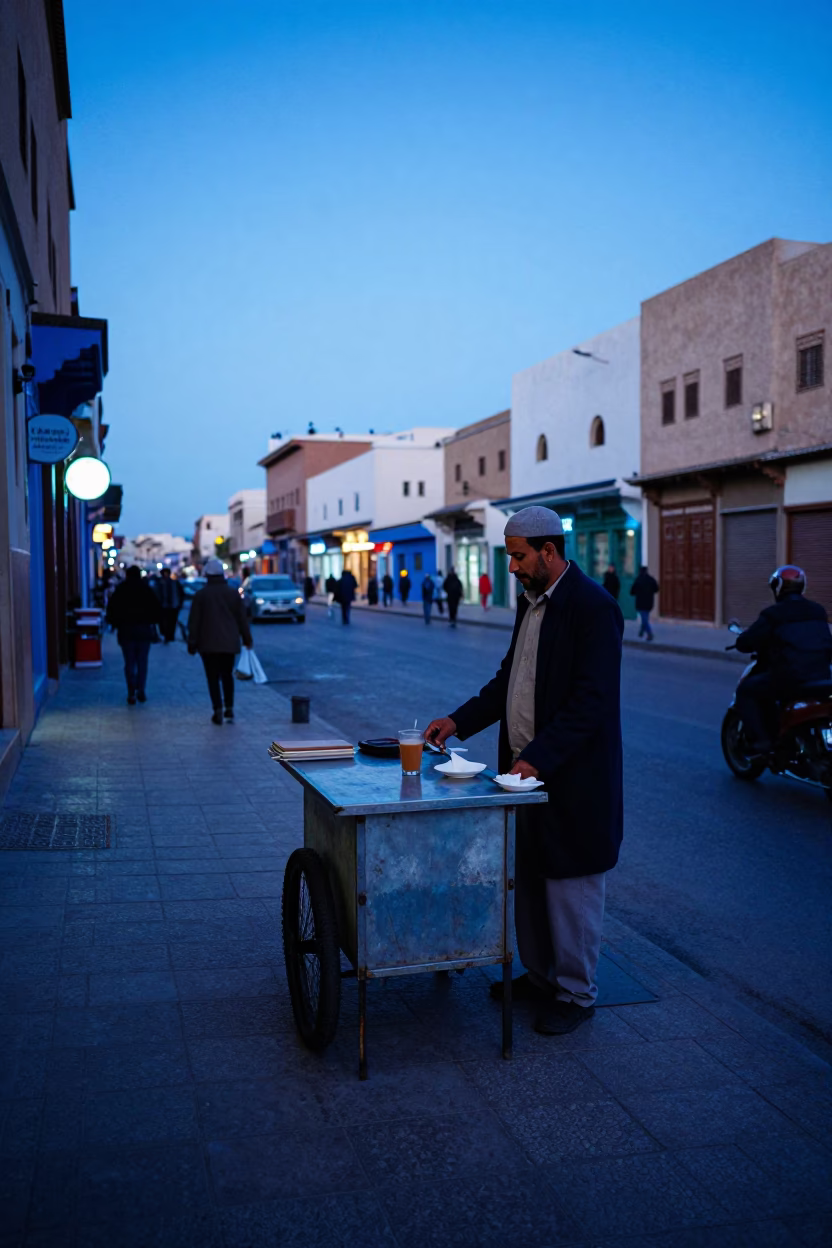 Evening Street Scene in Casablanca Morocco with Glass of Masala Chai and Linen Runner in in Casablanca, Morocco