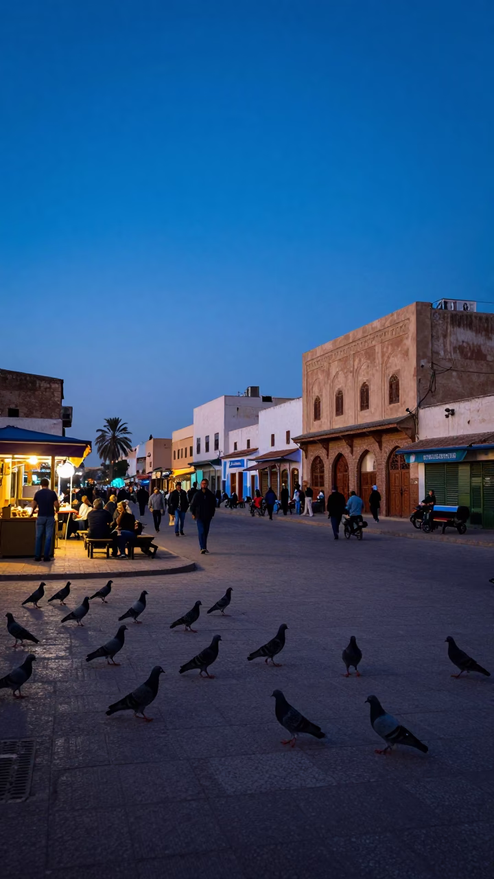 Evening Street Scene in Casablanca Morocco with Pigeons and Local Life in in Casablanca, Morocco