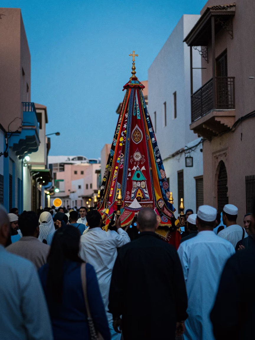 Evening Street Scene in Casablanca Morocco with Processional Float in in Casablanca, Morocco