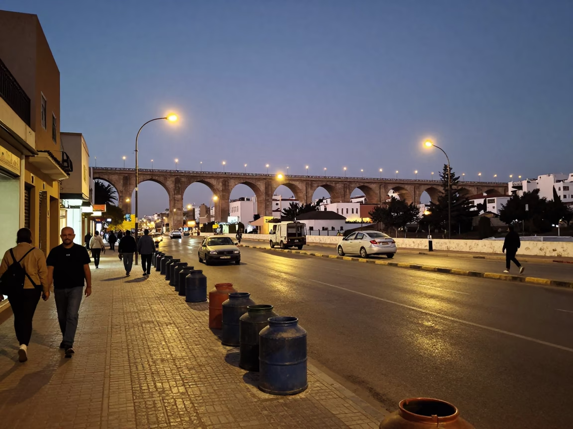 Evening Street Scene in Casablanca Morocco with Railway Viaduct and Canisters in in Casablanca, Morocco