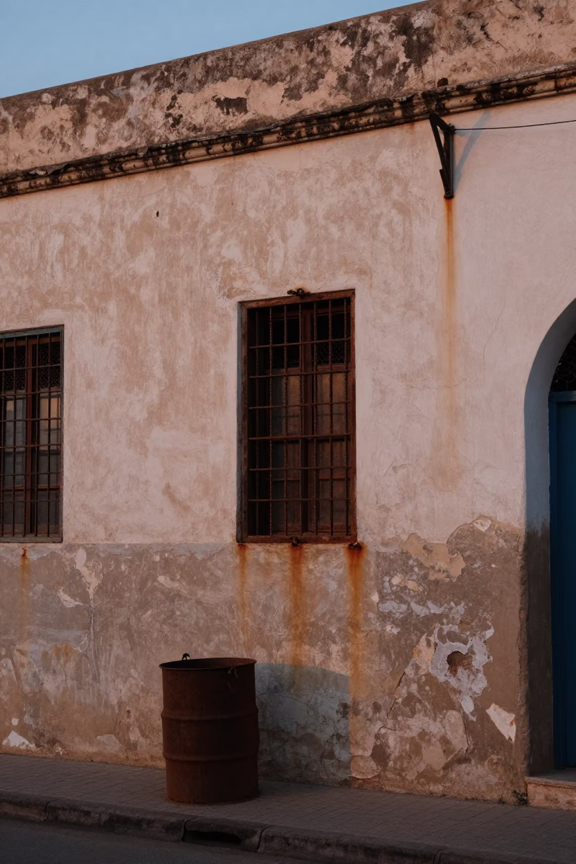 Evening Street Scene in Casablanca Morocco with Rust and Metal Bucket in in Casablanca, Morocco