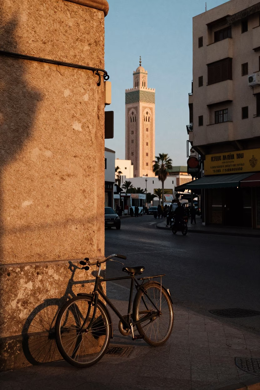 Evening Street Scene in Casablanca Morocco with Vintage Bicycle and Urban Life in in Casablanca, Morocco