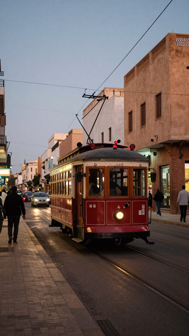 Evening Street Scene in Casablanca Morocco with Vintage Trolley and Urban Architecture in in Casablanca, Morocco