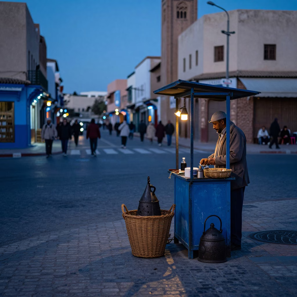 Evening Street Scene in Casablanca Morocco with Wicker Basket and Iron Hook in in Casablanca, Morocco