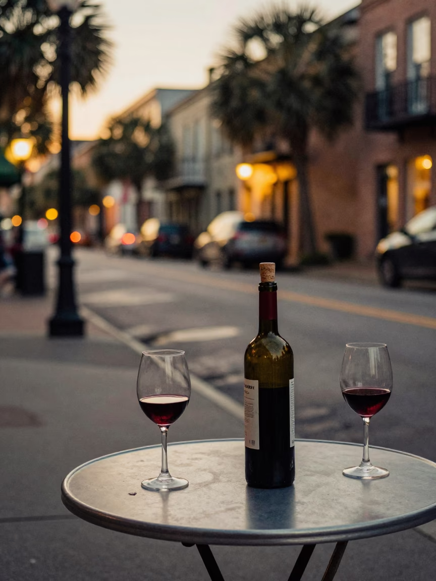 Evening Street Scene in Charleston South Carolina with Wine Bottle and Corkscrew in in Charleston, South Carolina, United States